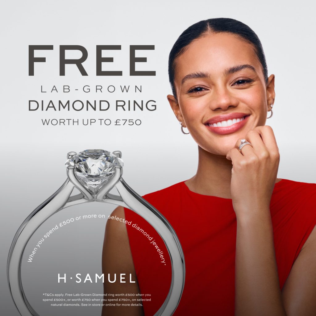 Get a FREE lab-grown diamond ring at H.Samuel when you spend £500 or more on selected diamond jewellery. Get a FREE lab-grown diamond ring at H.Samuel when you spend £500 or more on selected diamond jewellery.